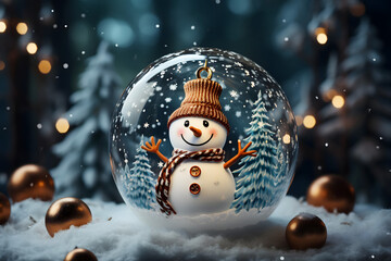 christmas tree decorations, santa claus with gifts, snowman in the snow, christmas gift boxes	