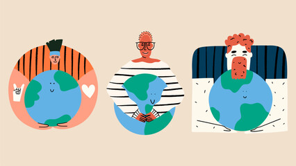 Different people holding planet earth. Caring planet and climate change. Sustainable living concept. ESG set. Vector hand draw style illustration.