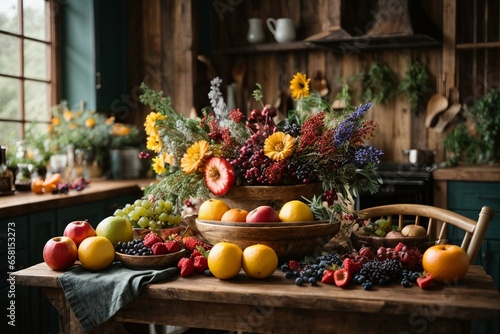 A cozy, rustic kitchen with a wooden table and chairs, a bowl of fresh colorful fruits