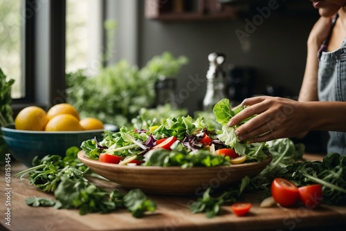 Woman hands washing Vegetables for Preparation of vegan salad on the worktop