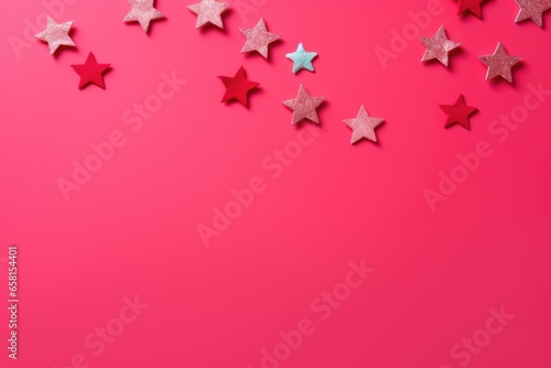 Red stars lying on a pink background  with copy space for text