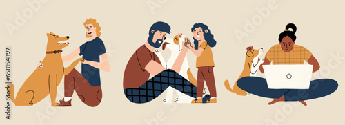 People spending time with their pets flat set. Woman and man with dog. Hand draw illustration. 