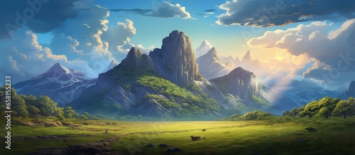 Mountain scenery depicted in artwork for various mediums like fantasy video games and books