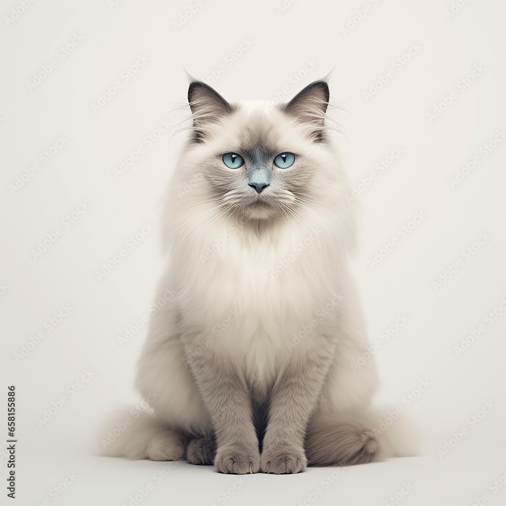 Beautiful Ragdoll cat. Fluffy beautiful white Ragdoll cat with blue eyes posing while sitting on white background. Adorable domestic pets. Pet care concept Beautiful Ragdoll cat. Fluffy beautiful white Ragdoll cat with blue eyes posing while sitting on white background. Adorable domestic pets. Pet care concept