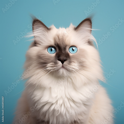 Beautiful Ragdoll cat. Fluffy beautiful white Ragdoll cat with blue eyes posing while sitting on blue background. Adorable domestic pets. Pet care concept