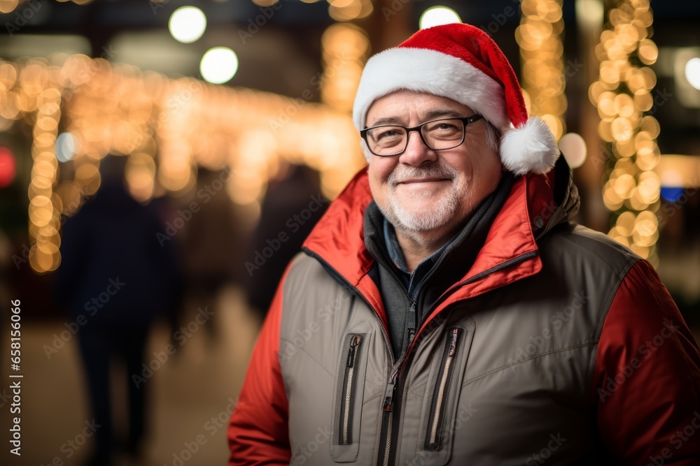 Portrait of a senior man wearing a Santa hat on Christmas market