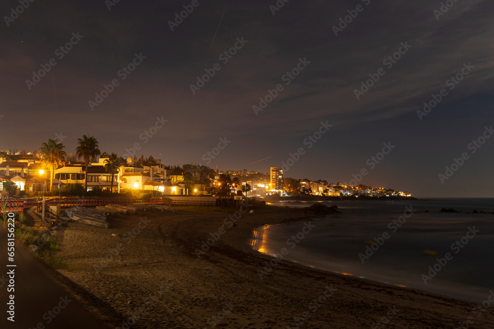The sea coast with its architecture, beaches and mood in the Night, Mijas Andalusia, Spain
