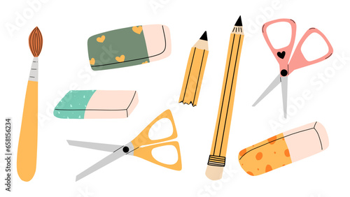 A set of clerical tools for school, office. Vector illustration in hand-drawing style. Hand draw illustration