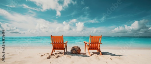 Beach chairs on tropical sandy beach with turquoise ocean water
