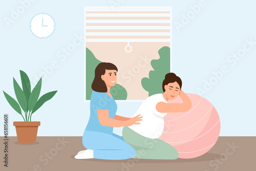 Pregnant woman preparing for childbirth with partner or doula. Birth positions for pregnant woman during birth pains, help methods for painless childbirth labor, on fitness ball.Vector illustration