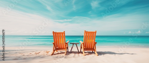 Beach chairs on tropical sandy beach with turquoise ocean water photo