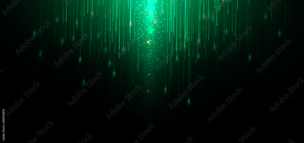 Abstract elegant green glowing line with lighting effect sparkle on black background. Template premium award design.