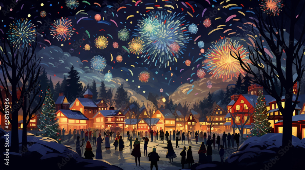 Obraz premium Fireworks in small town of north on Christmas night illustration.