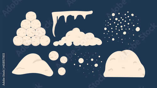Snow set. Snowballs, snow, icicles, snowy hills. Hand draw illustration