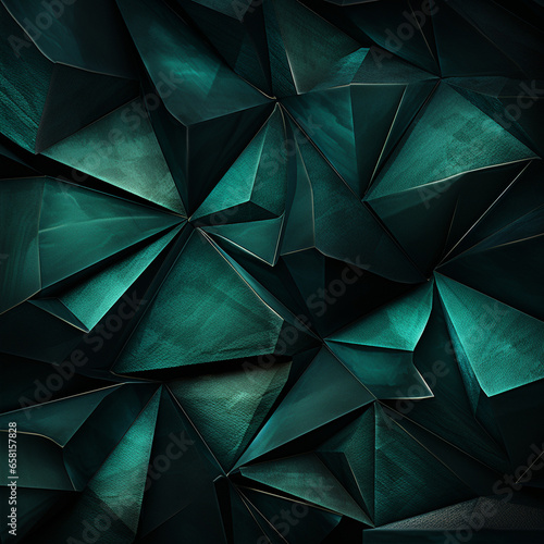 Black dark bottle green teal jade abstract background. Geometric shape. 3d effect. Triangle polygon line angle. Color gradient. Folded origami mosaic. Rough grain grungy. Brushed matte shimmer. Design