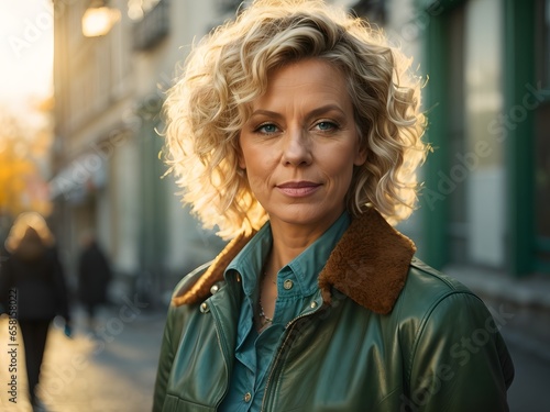 swedish female with short curly blonde hair and blue eyes, wearing green Leather Jacket during late autumn sunset. Generative Ai.