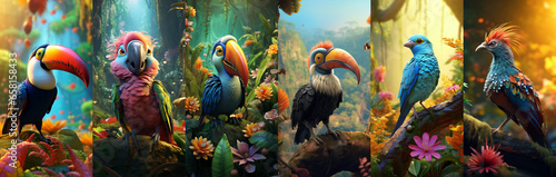 Tropical exotic birds set. Toucan, parrot, ramphastos, hornbill, cotinga, hoatzin. photo