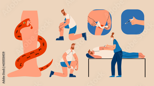 First aid for a poisonous snake bite set. Hand draw illustration