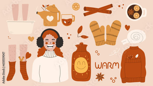 Warm winter and autumn warming symbol set. Girl in hot clothes. Flat drawing items. Season set.  Hand draw vector illustration.