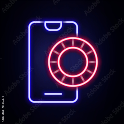 Glowing neon line Online sports betting icon isolated on brick wall background. Sport bet bookmaker. Betting online make money. Colorful outline concept. Vector