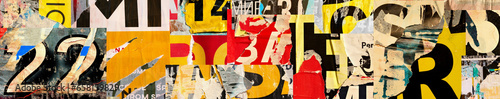 Collage of many numbers and letters ripped torn advertisement street posters grunge creased crumpled paper texture background placard backdrop surface banner photo