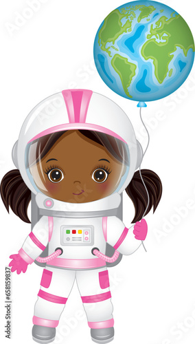Vector Cute Little Black Girl Astronaut