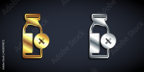 Gold and silver Lactose intolerance icon isolated on black background. Not allow milk. Allergy concept, lactose intolerance allergy warning sign. Long shadow style. Vector