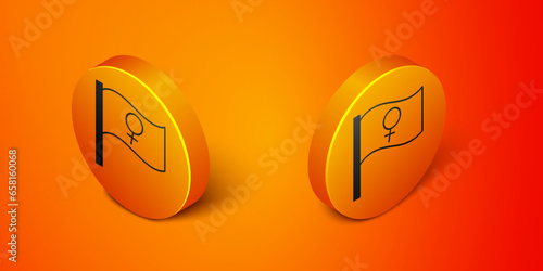 Isometric Female movement, feminist activist with banner and placards icon isolated on orange background. Feminist rights movement, feminism sisterhood. Orange circle button. Vector