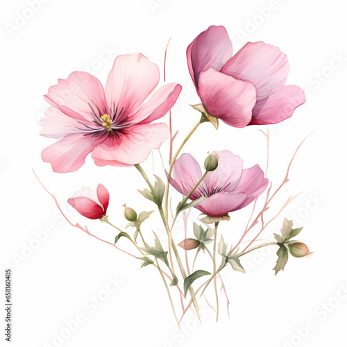 Isolated watercolor pink flowers on a white background. High quality