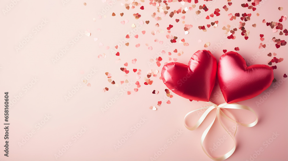 Two pink hearts with beautiful glitter texture details on a pink background. Valentine's Day. ai generative