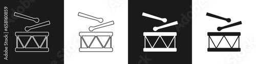 Set Drum with drum sticks icon isolated on black and white background. Music sign. Musical instrument symbol. Vector