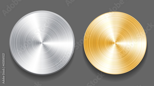 Blank button template with metallic texture, and realistic shadow and light background for logo. Metal gradient template. Gold, silver round surface, vector illustration.