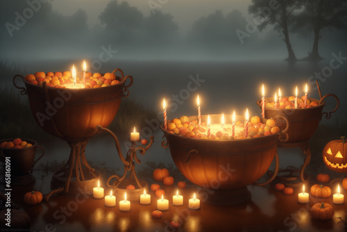 a group of eerie pumpkins with candles in them 