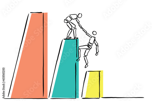 Hand drawn line art vector of two robots helping each other achieving dreams together. Teamwork and success. Importance of peer help in career