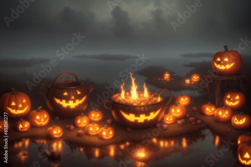 scary pumpkins in a bucket with candles in a gloomy marsh 