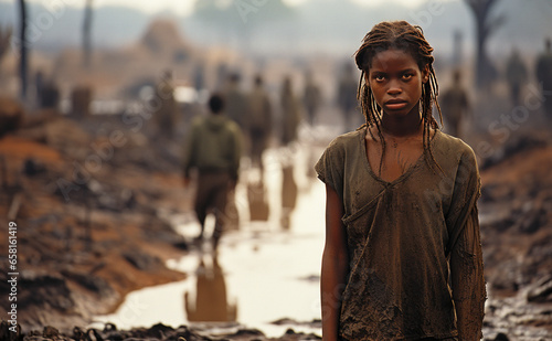 Moving depiction of an African woman amidst her devastated village reflecting sorrow and resilience.