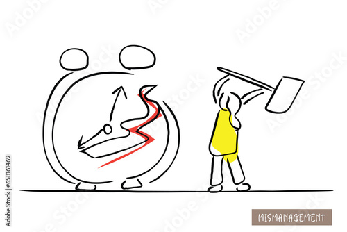 Hand drawn line art vector of a woman hitting clock. Time Mismanagement. Business frustration and failures.