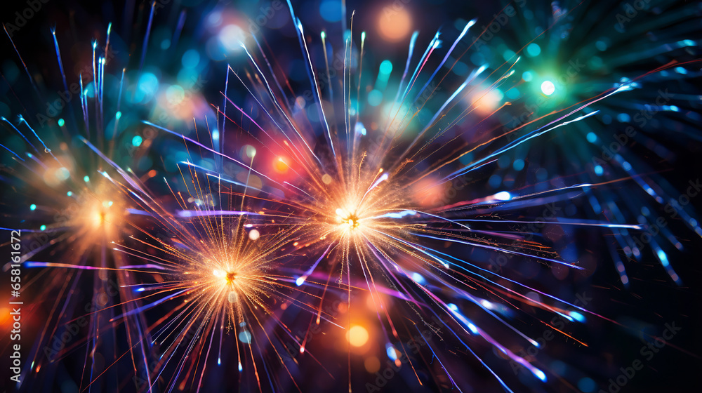 Fireworks, sparklers, bokeh lights on the dark blue night sky. new year background. ai generative Fireworks, sparklers, bokeh lights on the dark blue night sky. new year background. ai generative