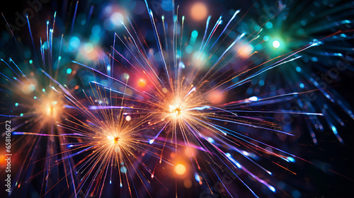 Fireworks, sparklers, bokeh lights on the dark blue night sky. new year background. ai generative