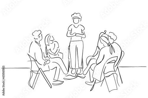 group of people. Hand-drawn line art vector of Group Psychotherapy Sessions. Psychology line art. Mental health and social bonds