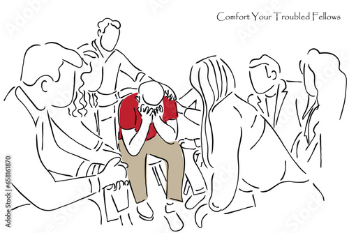 Hand-drawn line art vector of a group of people counseling the troubled fellow. Crises in business and frustration
