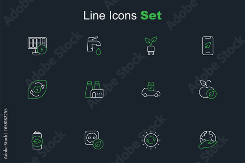 Set line Hand holding Earth globe, Solar energy panel, Electrical outlet, Eco nature leaf battery, Apple, car, Factory production and Water icon. Vector photo