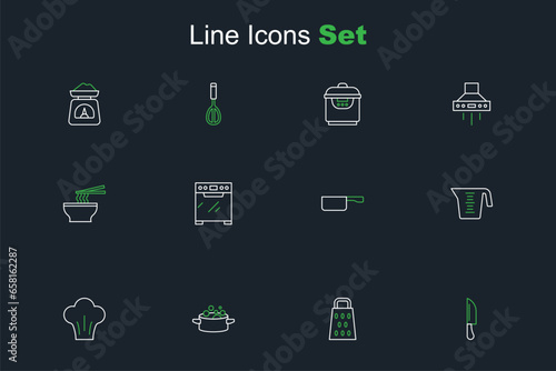 Set line Knife, Grater, Cooking pot, Chef hat, Measuring cup, Frying pan, Oven and Asian noodles bowl icon. Vector