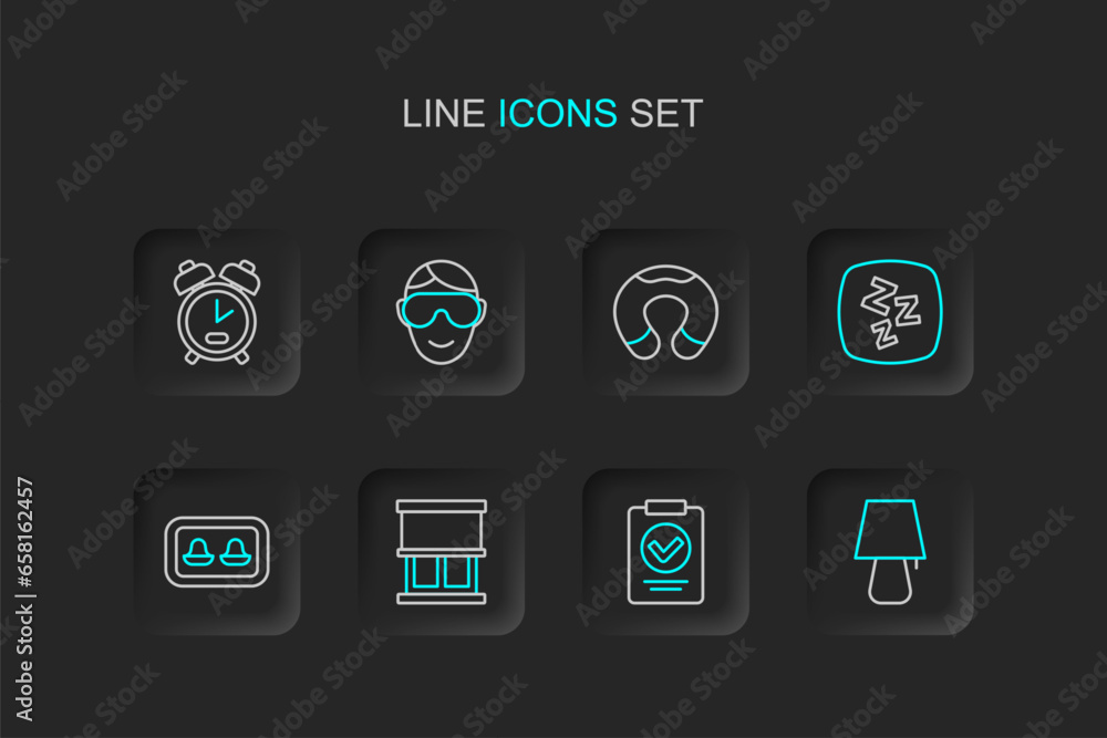 Set line Table lamp, Medical prescription, Window with curtains, Earplugs storage box, Sleepy, Travel neck pillow, Eye sleep mask and Alarm clock icon. Vector Set line Table lamp, Medical prescription, Window with curtains, Earplugs storage box, Sleepy, Travel neck pillow, Eye sleep mask and Alarm clock icon. Vector