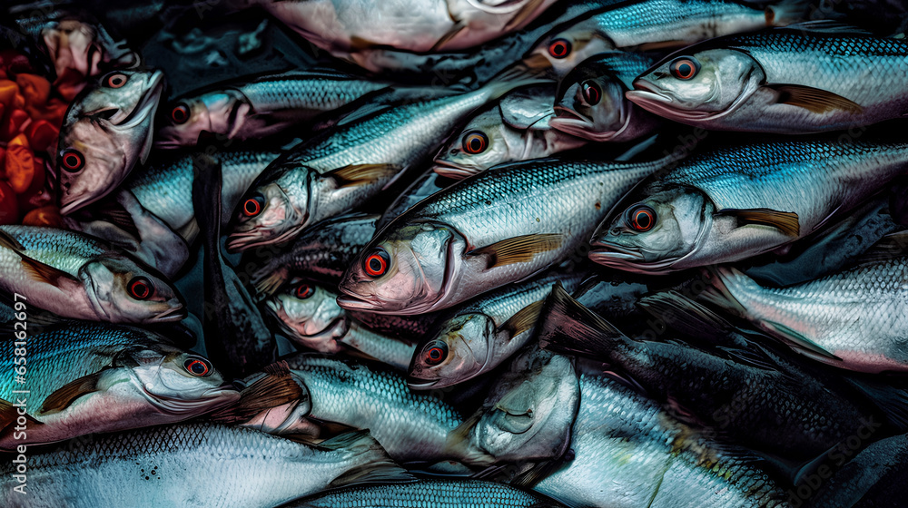 Obraz premium alot of sea Fish at the market, closeup, hyperealistic photography