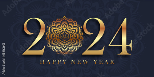 Elegant Happy New Year banner design with golden mandala