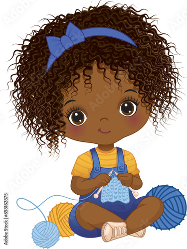 Vector Cute African American Girl Knitting