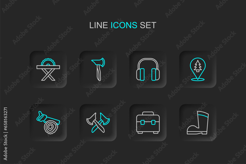 Set line Waterproof rubber boot, Toolbox, Wooden axe, Hand saw and log, Location the forest, Headphones, and Electric circular icon. Vector