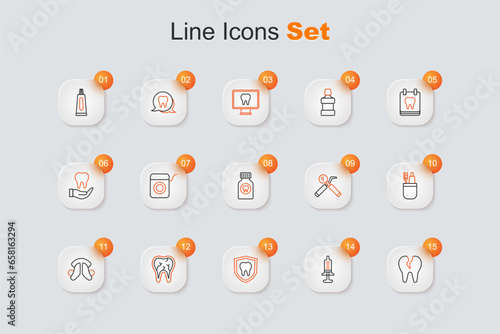 Set line Broken tooth, Syringe, Dental protection, plate, Toothbrush and toothpaste, mirror probe and Toothache painkiller tablet icon. Vector