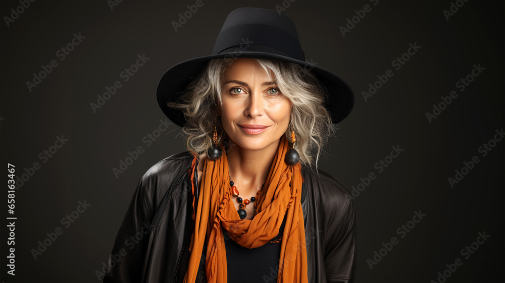 Fototapeta premium Autumn's Timeless Beauty: A Detailed Portrait of a Woman in Her Prime Embracing the Season's Colors